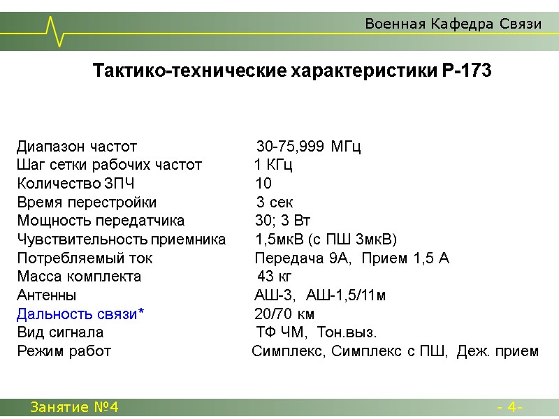 Военная Кафедра Связи Занятие №4  - 4- Тактико-технические характеристики Р-173   